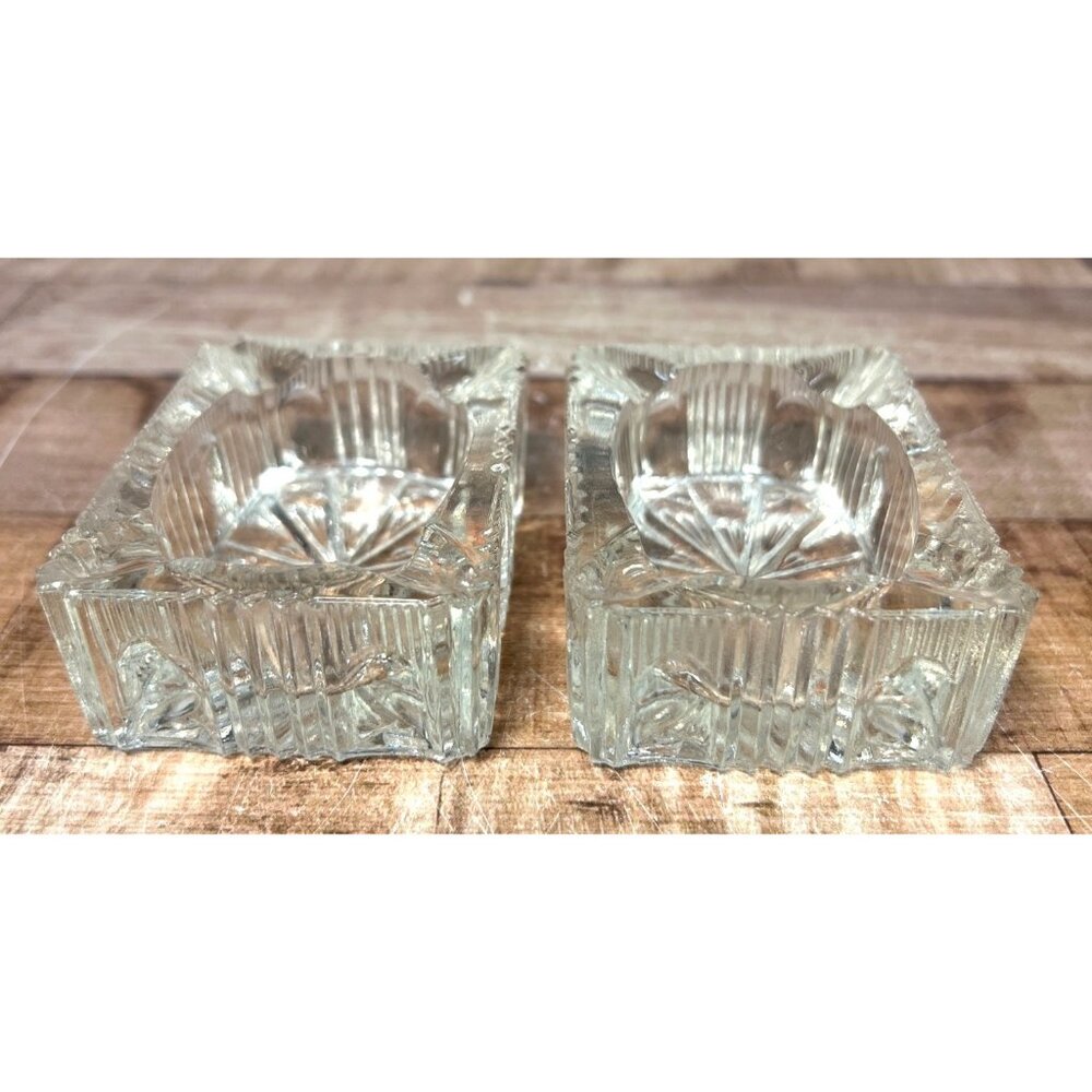 Vintage Clear Pressed Glass Rectangular Ashtray Set Of 2 With Starburst Pattern